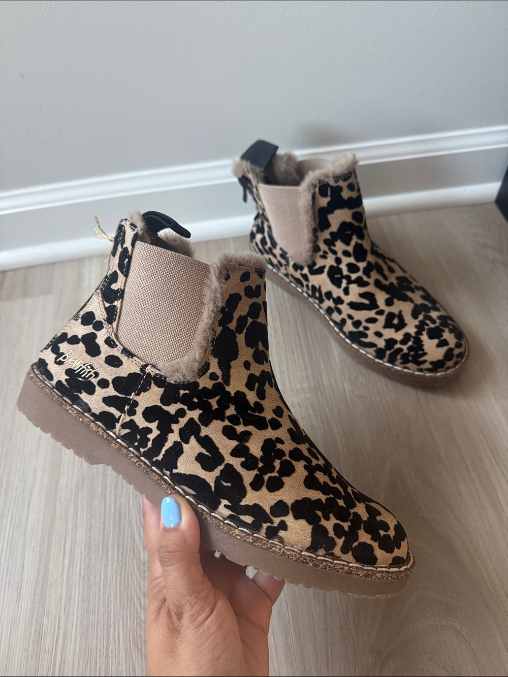 Leopard-Print Chelsea Booties with Faux-Fur Trim in Tan and Black